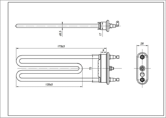 Heating Element for Washing Machines Compatible with LG AEG33121513 Kawai TPD 175-SB-1600 L=175 mm 1600 W