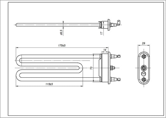 Heating Element for Washing Machine Compatible with LG 5301ER1000H Thermowatt TP 175-SG-1900 L=175 mm 190 W