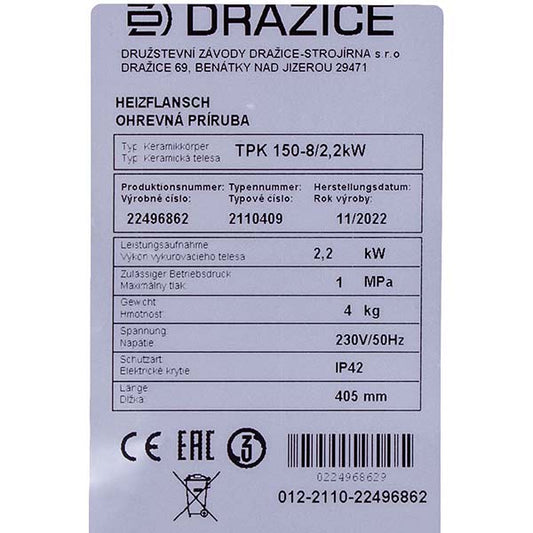 Flange Assembly with Heating Elements and Thermostat Drazice 2110409 TPK 150-8 2200W L=400mm flange 170mm