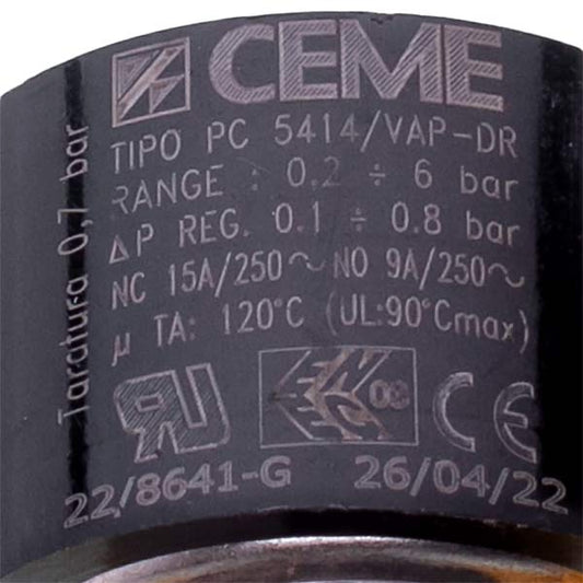 CEME UNOX KVL1065A Pressure Relay PC 5412/VAP 0.2-6 bar 1/4” thread
