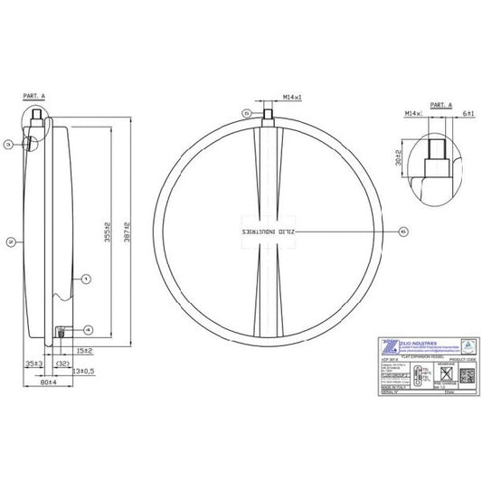 Expansion Tank Zilio 8 l M14x1 for Gas-fired Boiler Compatible with Baxi Eco, Luna, Main, Westen Quasar, Pulsar 5663880