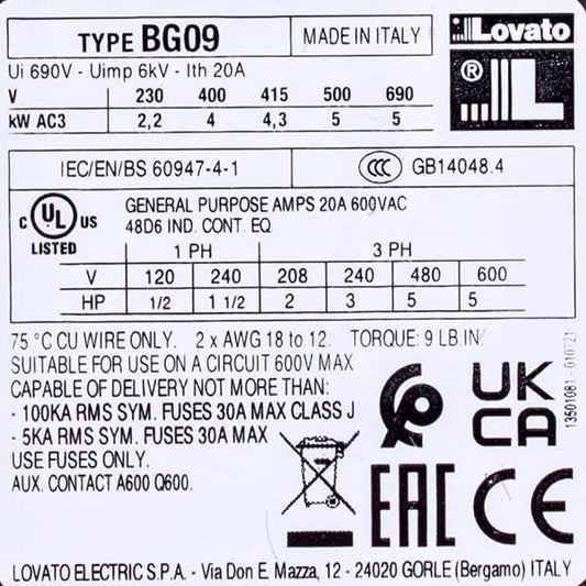 Contactor (magnetic starter) LOVATO 380705 BG0910A 20A/230V AC 9A/4kW/400V AC3