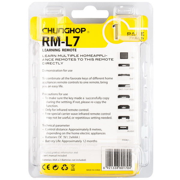 Configured Remote Control Compatible with Chunghop  RM-L7
