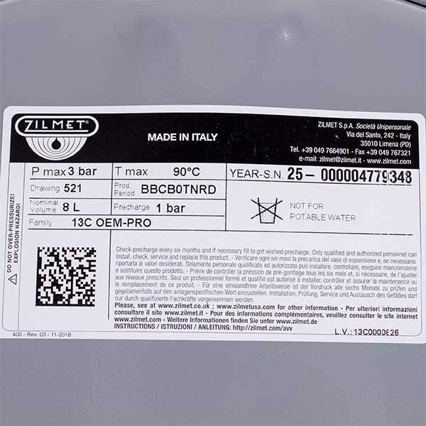 Expansion Tank 8 l for Gas Boiler Ariston 65104261
