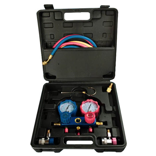 Manometric manifold 2-valve SC (R410 R22 R134a R404a) + hoses 3pcs.x900mm + 2 auto couplings