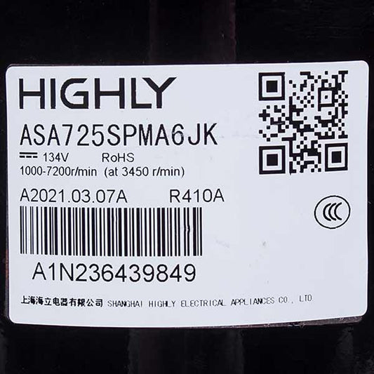 Cooper&Hunter (C&H) 009001000017 Air Conditioner Compressor HIGHLY 7'' ASA725SPMA6JK R410A 134V