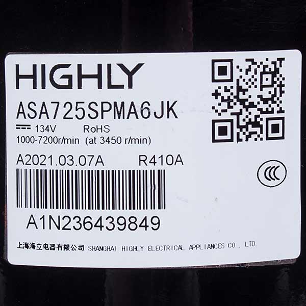 Cooper&Hunter (C&H) 009001000017 Air Conditioner Compressor HIGHLY 7'' ASA725SPMA6JK R410A 134V