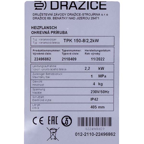 Flange Assembly with Heating Elements and Thermostat Drazice 2110409 TPK 150-8 2200W L=400mm flange 170mm