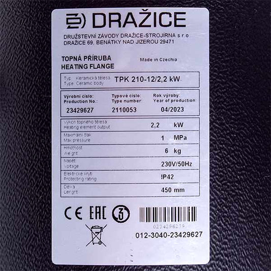 Water Heater Heating Element With Thermostat Drazice 2110053 TPK 210-12 2200W L=440mm flange 235mm 1 tube for sensor