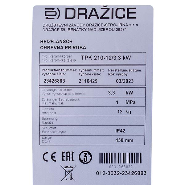 Flange Assembly with Heating Elements and Thermostat Drazice 2110050 TPK 210-12 3000-6000W L=600mm D-235mm