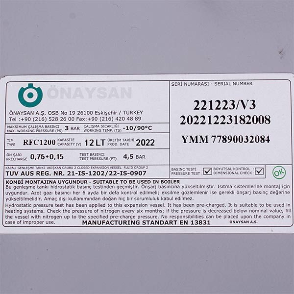 Expansion Tank Onaysan 12 L for Condensing Boiler Compatible with Junkers/Bosch, Buderus Logamax Plus GB072/172 87154073280