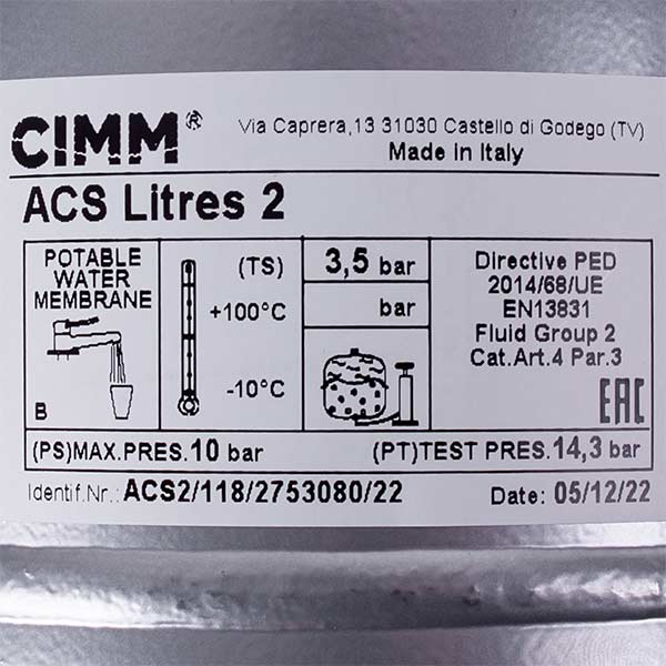 Expansion Tank Cimm 2 l 1/2'' for Gas-fired Boiler Ferroli Divatop, New Elite, Beretta Boile 39818200