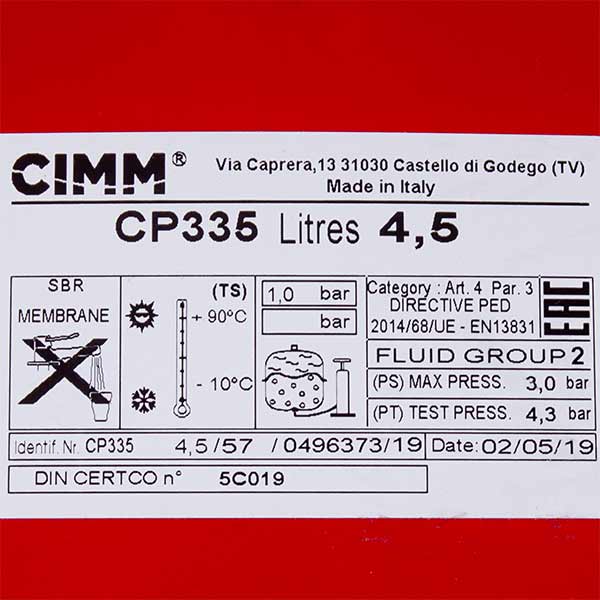 Expansion Tank Cimm CP335 4.5 l 1/4” for Gas Boiler Termet MiniMax Plus 900500000