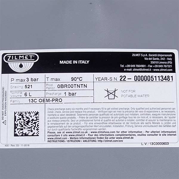 Expansion Tank Zilmet 6 L 3/8'' for Gas-fired Boiler Vaillant, Protherm, Bosch, Italtherm 13C0000600