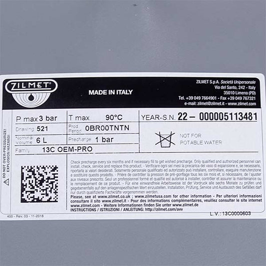 Expansion Tank Zilmet 6 L 3/8'' for Gas-fired Boiler Vaillant, Protherm, Bosch, Italtherm 13C0000600