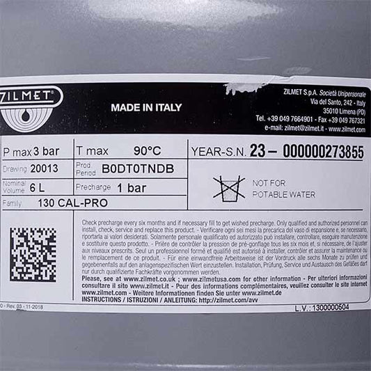 Expansion Tank Zilmet 6 L 1/2'' for Gas-fired Boiler Compatible with Fondital Panarea/Victoria, Nova Florida Vela Compa 6VASOESP20