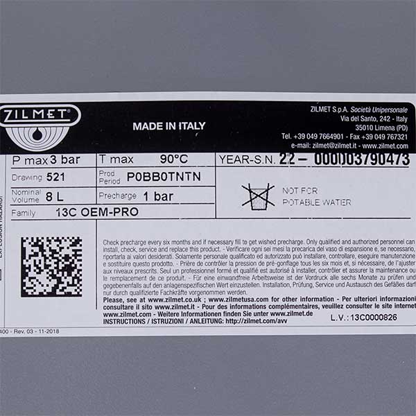 Gas-fired Boiler Expansion Tank  Zilmet 8 L 3/8'' 13C0000807