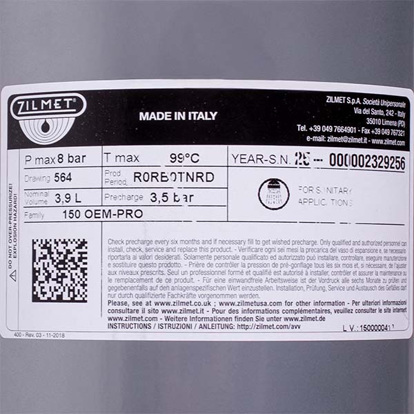 Expansion Tank Zilmet 4 l 1/2” for Gas Floor Standing Boiler 1500000413