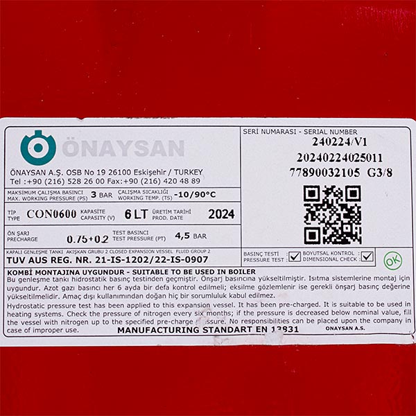 Gas-fired Boiler Expansion Tank Compatible with Viessmann Önaysan 6 L 3/8'' 7831308
