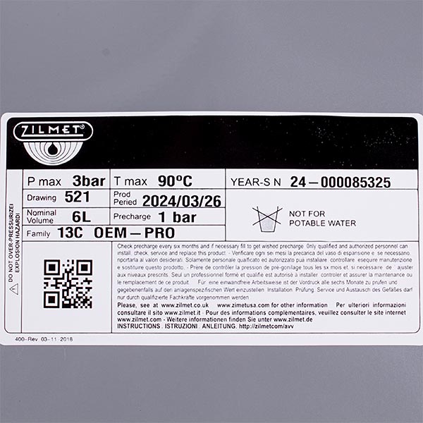 Expansion Tank Zilmet OEM-Pro 6l 3/8” for Gas Boiler 13C0000610