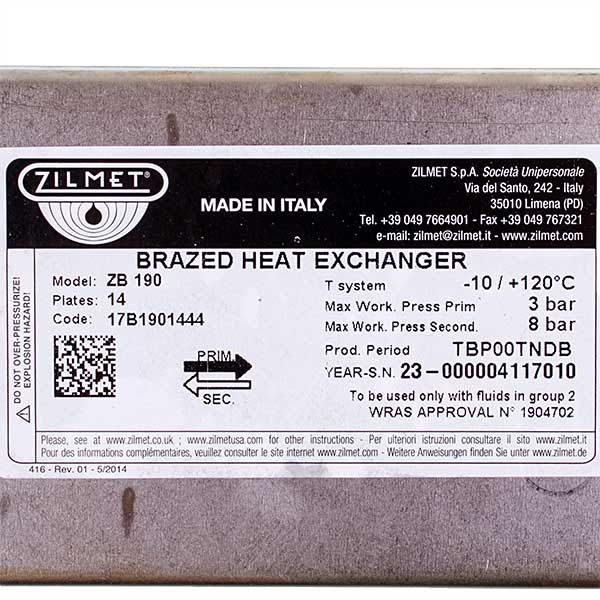 DHW Plate Heat Exchanger Zilmet (14 plates) for Gas Boiler Ariston, Chaffoteaux 17B1901444