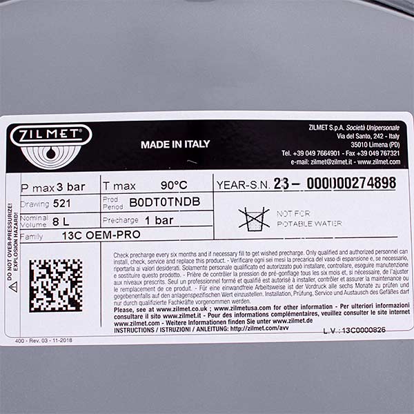 Expansion Tank 8 l for Gas Boiler Compatible with Italtherm/Tiberis/Hermann 504000045