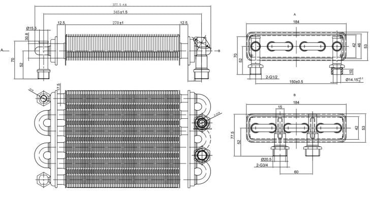 Bithermic Heat Exchanger for Gas Boiler Compatible with Biasi Boiler Sky 24 BI1472104