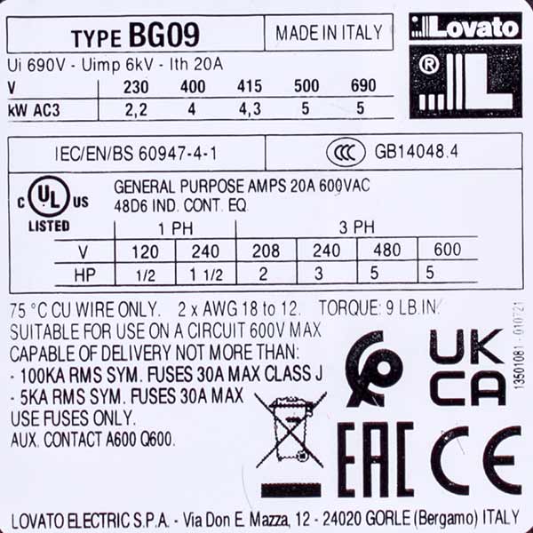 Contactor (magnetic starter) LOVATO 380705 BG0910A 20A/230V AC 9A/4kW/400V AC3