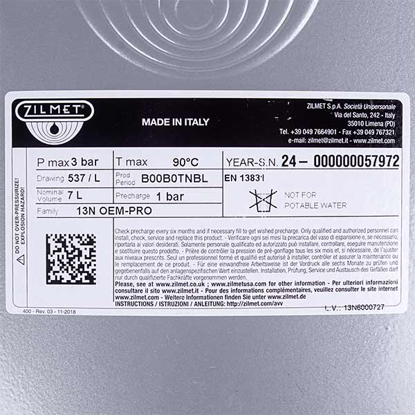 Expansion Tank Zilmet 7l 3/8" for Gas Boiler Compatible with Ariston UNO, ACO, Microsystem 65101719