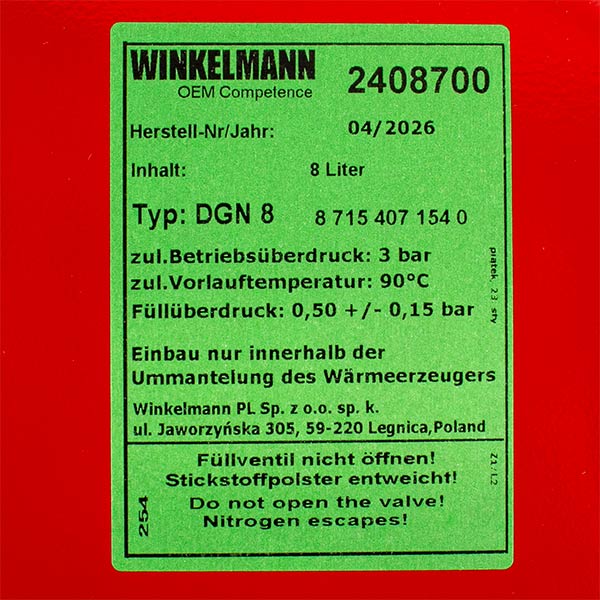 Expansion Tank Winkelmann DGN for 8 l 1/2" Gas Boiler Bosch Gas 4000, Eurostar, Buderus U022 87154071540
