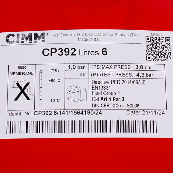 Expansion Tank Cimm CP392 6 l 3/8" for Gas Boiler Compatible with Protherm Panther, Leopard, Lynx v.17 0020027611