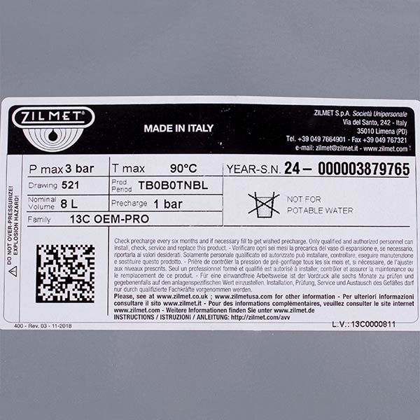 Expansion Tank Zilmet 8 л 1/2" for Gas Boiler Beretta Ciao, City, Ariston, Solly, Termal 13C0000811