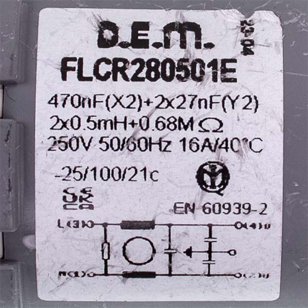 Mains Filter for Washing Machine Bosch \ Bauknecht \ Whirlpool 00171254 D.E.M. FLCR280501E, 0.47 mkF / 0.5 mH