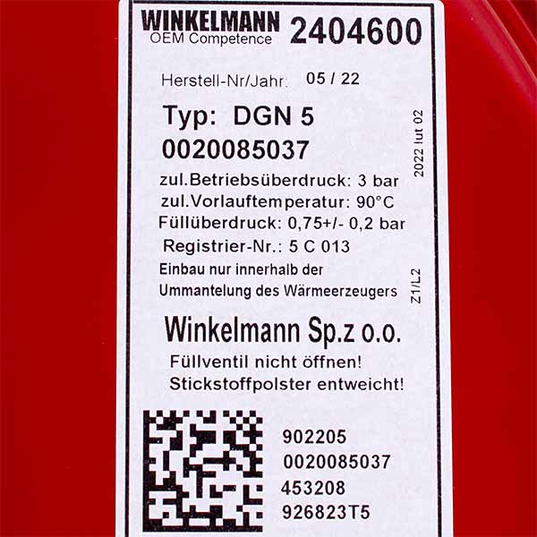 Expansion Tank Winkelmann DGN 5 L 3/8'' for Gas-fired Boiler Protherm Panther, Lynx, Leopard, Cheetah 0020027611