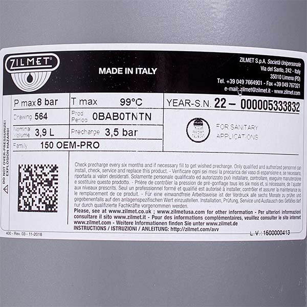 Expansion Tank DHW Zilmet 4 L 1/2'' for Gas-fired Boiler Protherm Bear 20KLZ16/17 0020056464