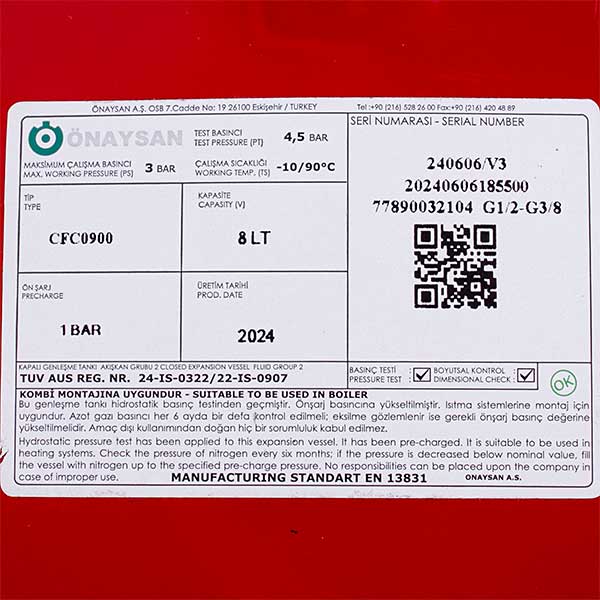 DGN Expansion Tank Onaysan 8 l 1/2'' for Gas-fired Boiler Compatible with Bosch Gas 4000, Eurostar, Buderus U022, U024 87154071540