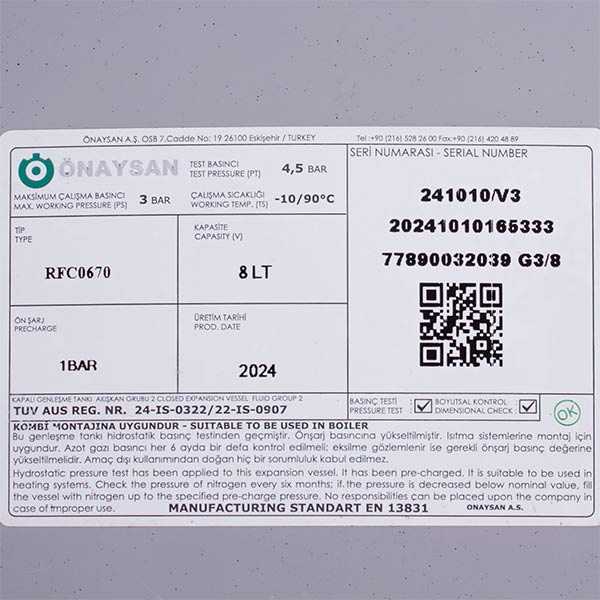 Expansion Tank Onaysan VRP220 8 l 3/8'' for Gas-fired Boiler Fondital