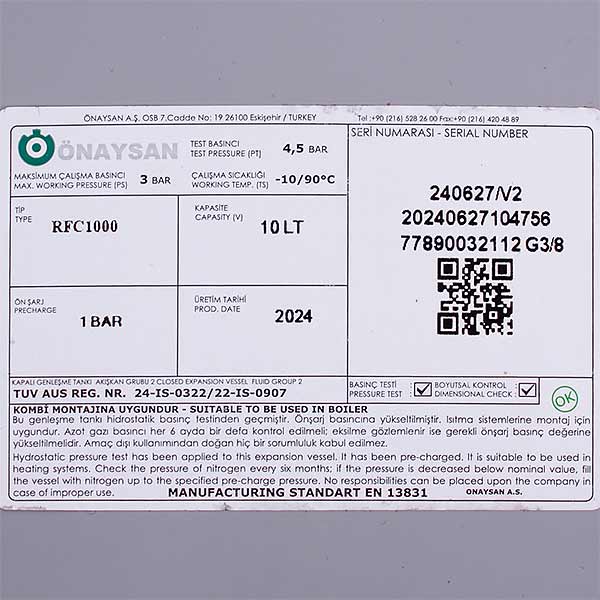 Expansion Tank Onaysan 10 l 3/8'' for Gas-fired Boiler Compatible with Protherm Panther/Gepard/Rynx Condens, Skat v.14 0020097328