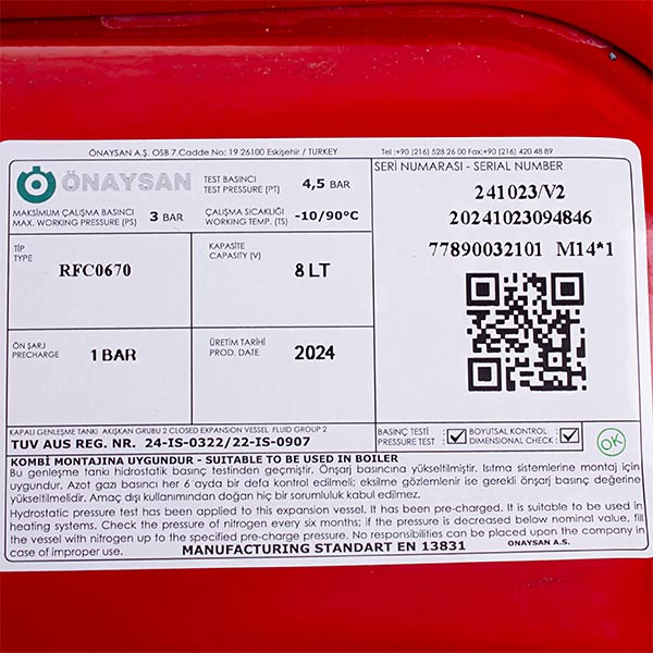 Expansion Tank Onaysan 8 l for Condensing Boiler Compatible with Baxi Prime HT, Westen Novadens Boyler 5662620