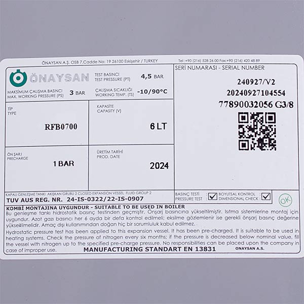 Expansion Tank Onaysan RP 6 l 3/8'' for Gas-fired Boiler Compatible with Ferroli Domiproject, Divatech, FEReasy 39819570