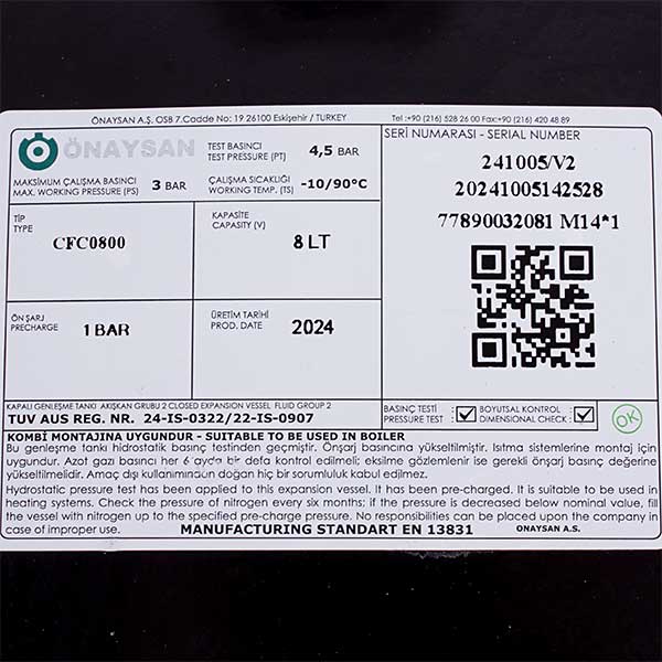 Expansion Tank Onaysan 8 l M14x1 for Gas-fired Boiler Compatible with Baxi Eco, Luna, Main, Westen Quasar, Pulsar 5663880