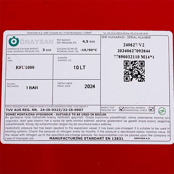 Expansion Tank Onaysan 10 l for Condensing Boiler Compatible with Baxi Prime HT, Westen Novadens Boyler 5662620