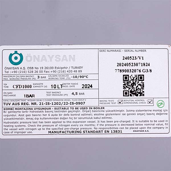Expansion Tank Onaysan 10 l 3/8'' for Gas-fired Boiler Compatible with Viessmann Vitopend 100-W A1HB, A1JB 30-34 kW 7855131