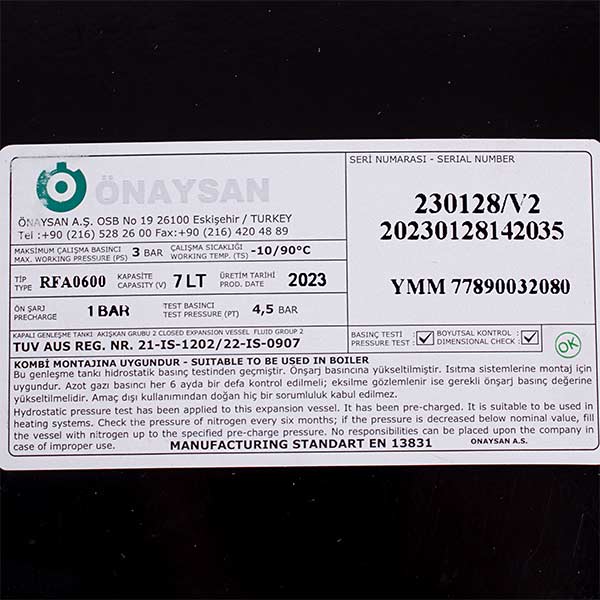 Expansion Tank Onaysan 7 l 3/8'' for Gas-fired Boiler Compatible with Ferroli 39804890